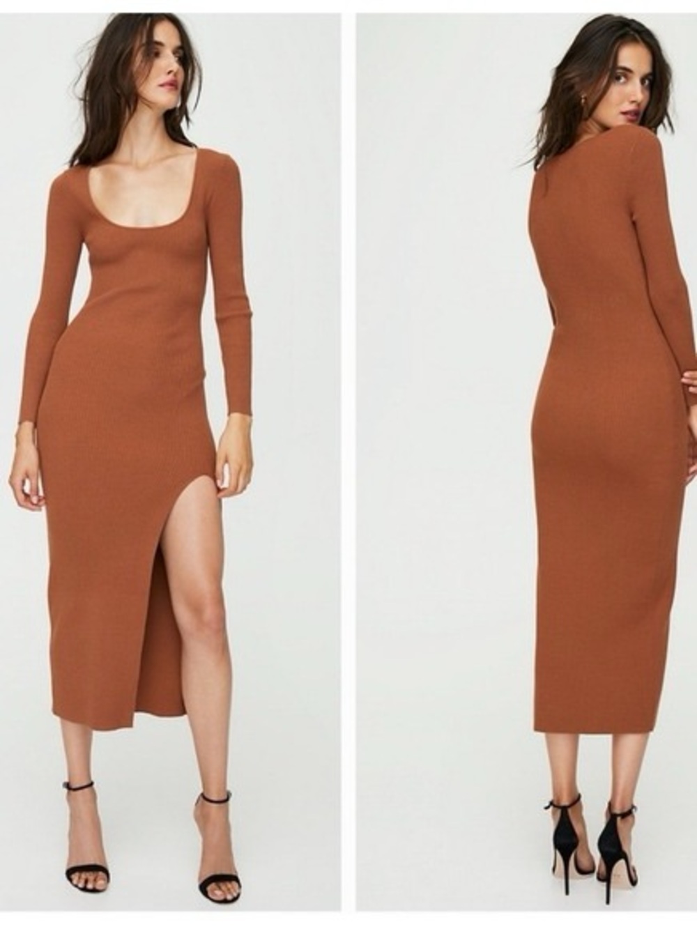 A.L.C. Harvey Rib Knit Maxi Dress Size XS Terra Brown Side Slit Asymmetric